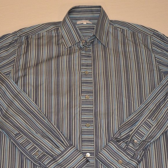 Ted Baker London Men's Size 4 Large Button Up Blue White Gray Striped Sh… - Picture 1 of 6